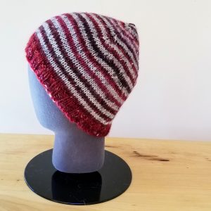 Heather Cranberry Red and Grey with Flecks of Black Striped Toque