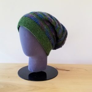 Heather Green and Variegated Purple-Teal Blue-Green Textured Stripe Slouch Hat