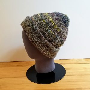 Muted Blue/Brown/Burgundy/Grey Variegated with hints of Chartreuse Yellow Folded Rim Ribbed Hat