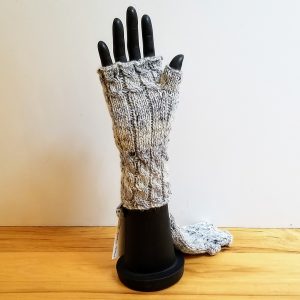 Heather Grey-Cream with Black Flecks Cabled Fingerless Gloves