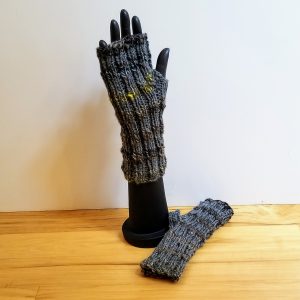 Muted Blue/Brown/Burgundy/Grey Variegated with hints of Chartreuse Yellow Fingerless Gloves