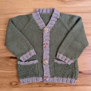 Green Infant Cardigan with Beige Trim and Owl Buttons