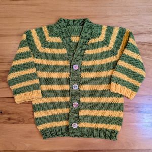 Green and Yellow Striped Infant Cardigan with Fish Buttons