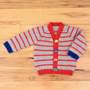 Red Striped Infant Cardigan with Blue Cuffs and Car Buttons