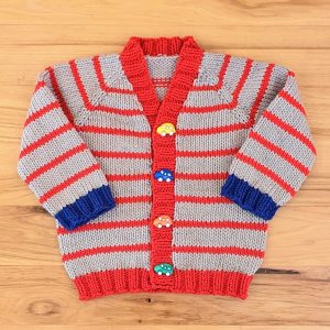 Red Striped Infant Cardigan with Blue Cuffs and Car Buttons