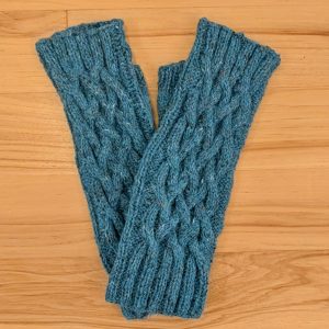 Teal Tweed Braided Cable Fingerless Gloves