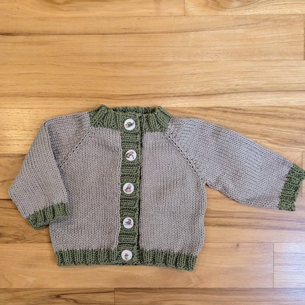 Beige Infant Cardigan with Green Trim and Kitten Buttons - Image 3