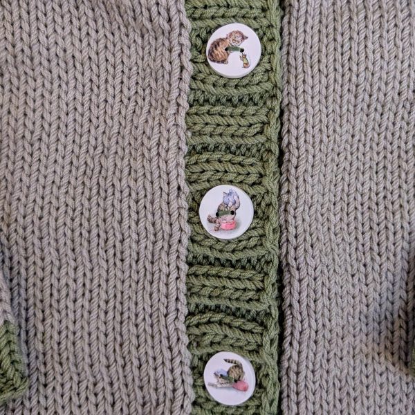 Beige Infant Cardigan with Green Trim and Kitten Buttons - Image 2